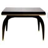 French Art Deco metamorphic dining table, black lacquer over mahogany with brass detailing,
