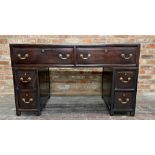 19th century Chinese padouk twin pedestal sideboard or desk, fitted with an arrangement of six
