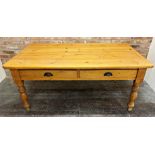 Victorian pine kitchen table, fitted with two drawers on turned legs 180cm long x 108cm wide