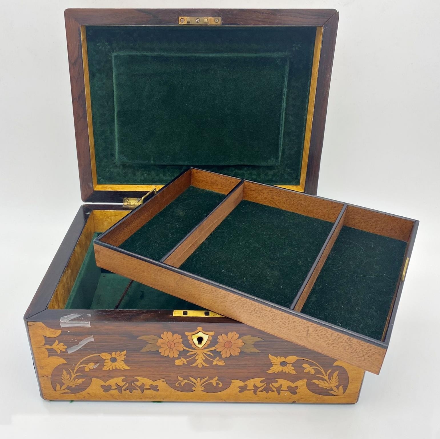 Late 19th century rosewood marquetry box, the hinged lid decorated a floral still life with mother - Image 2 of 2