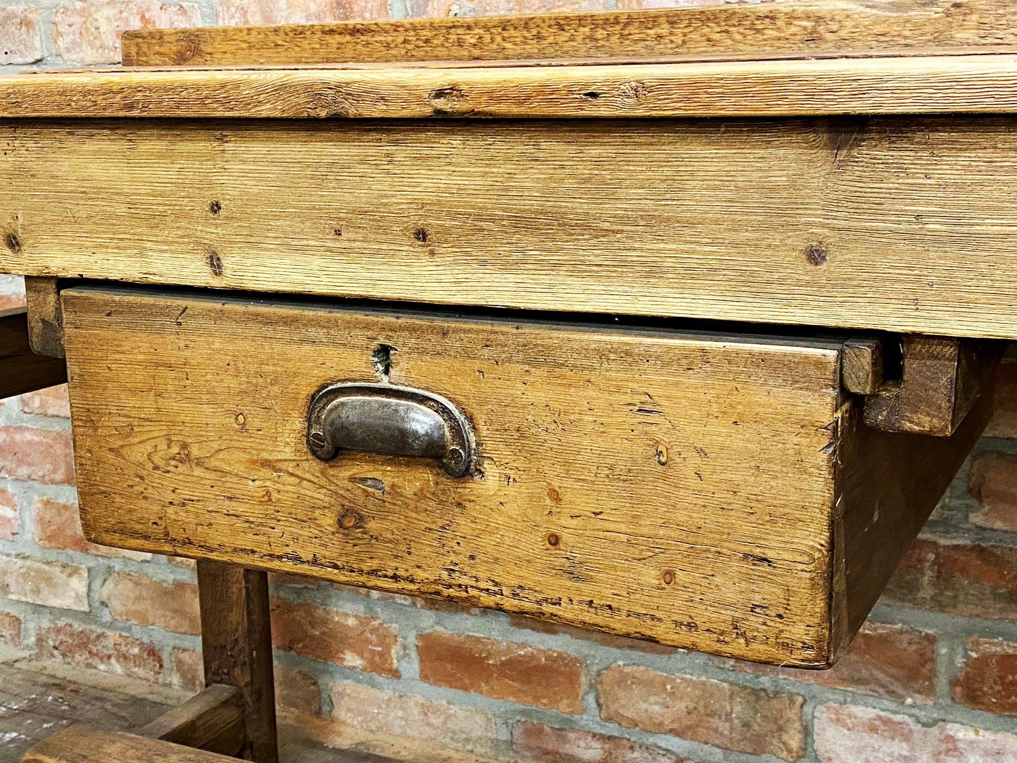 Victorian pine work or side table, raised back and panelled top, fitted with two drawers, 224cm long - Image 4 of 6