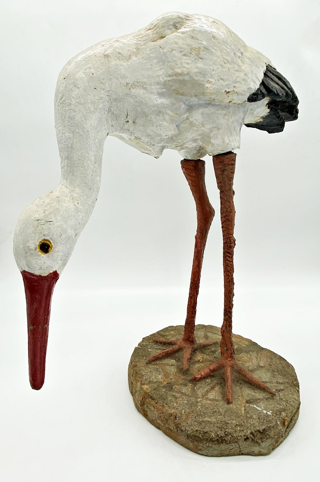 Good painted stone and iron garden stork, 50cm high