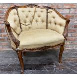 19th century French fauteuil salon chair with carved walnut framework, button back upholstery on