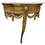 Marble topped gilt wood demi-lune Adams style console table decorated rams head and swags, 87cm high