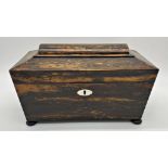 Regency coromandel wood sarcophagus tea caddy, the hinged lid enclosing a segmented interior with