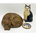 Mixed cat lot to include studio pottery thick glazed terracotta figure of seated cat by V Proctor,