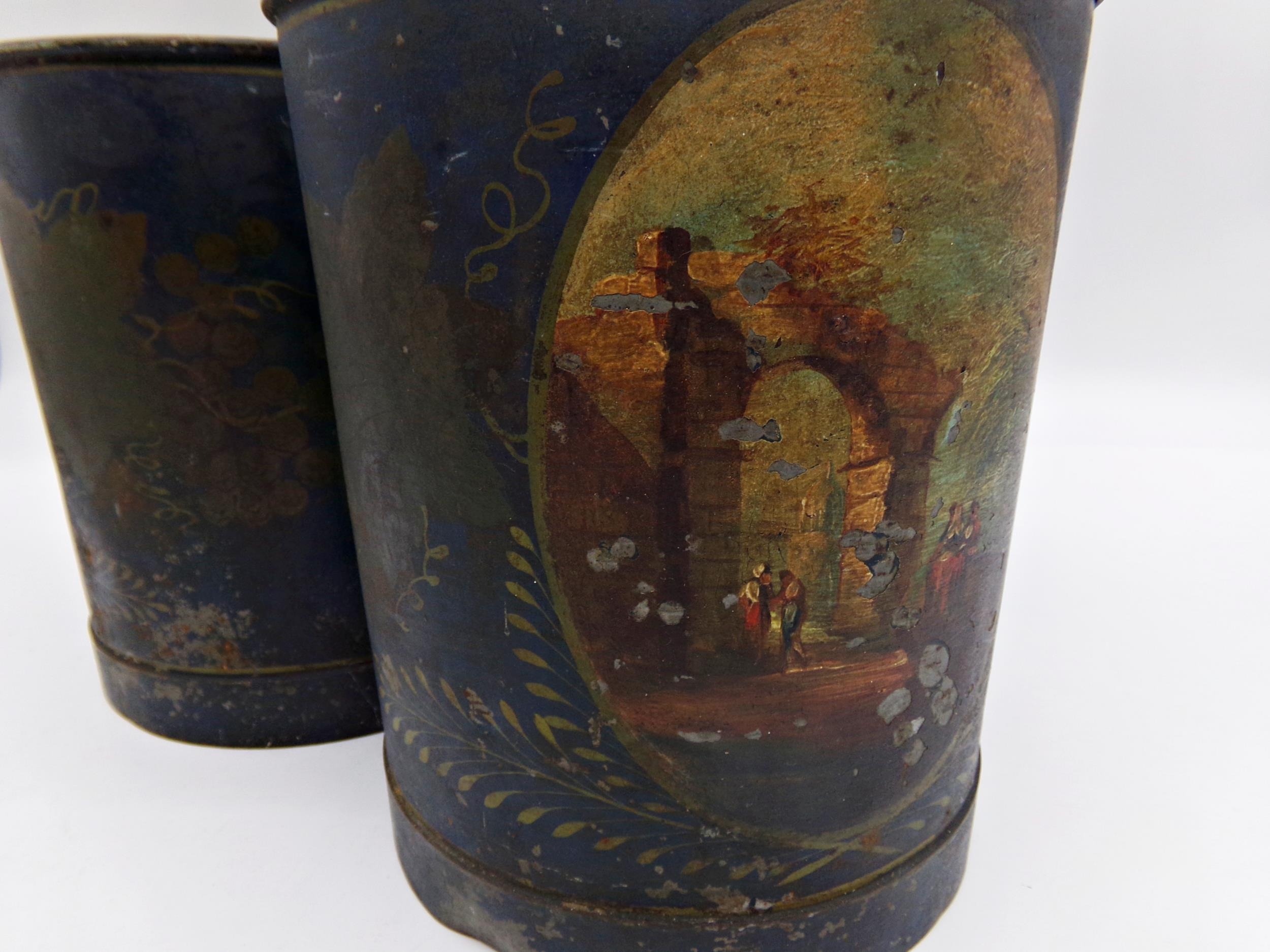 Impressive Georgian toleware three bottle cruet, painted with three exotic landscapes and gilt - Image 2 of 2