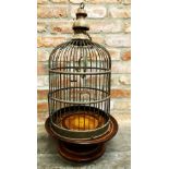 19th century wirework bird cage upon a Sorrento style inlaid Lazy Susan, 70cm high in total
