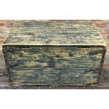 Vintage scrubbed pine military trunk with twin iron handles and strap work, inscribed MAGJ.F.Warren,