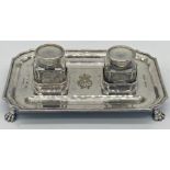 Silver plate desk standish, with two glass inkwells, engraved with the Bombay Pioneers crest 1878-