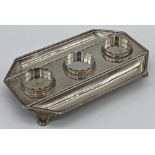 George III silver desk standish, with three wells for ink and twin pen holder, maker William