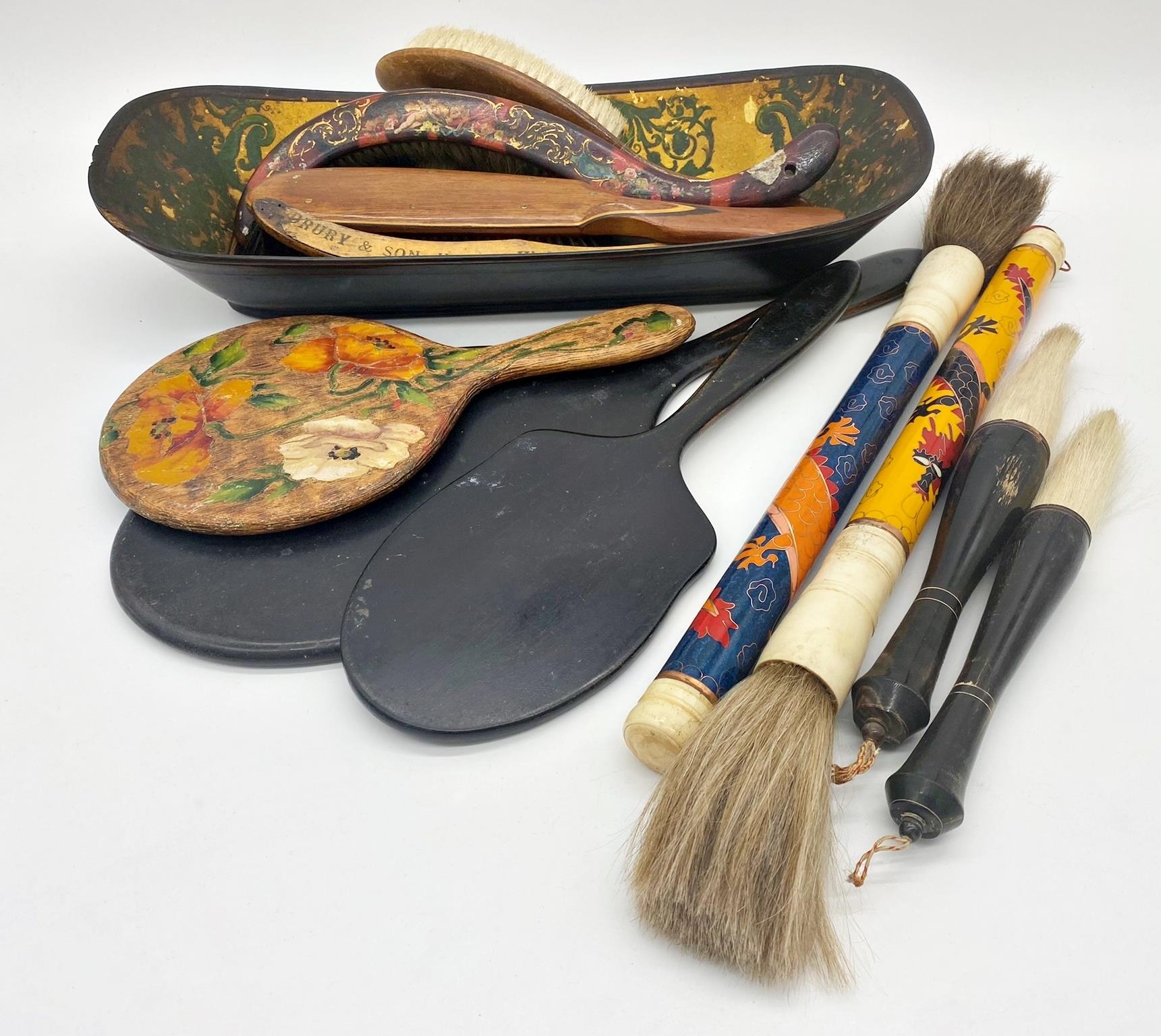 A collection of various Chinese bone and lacquer work brushes together with further English