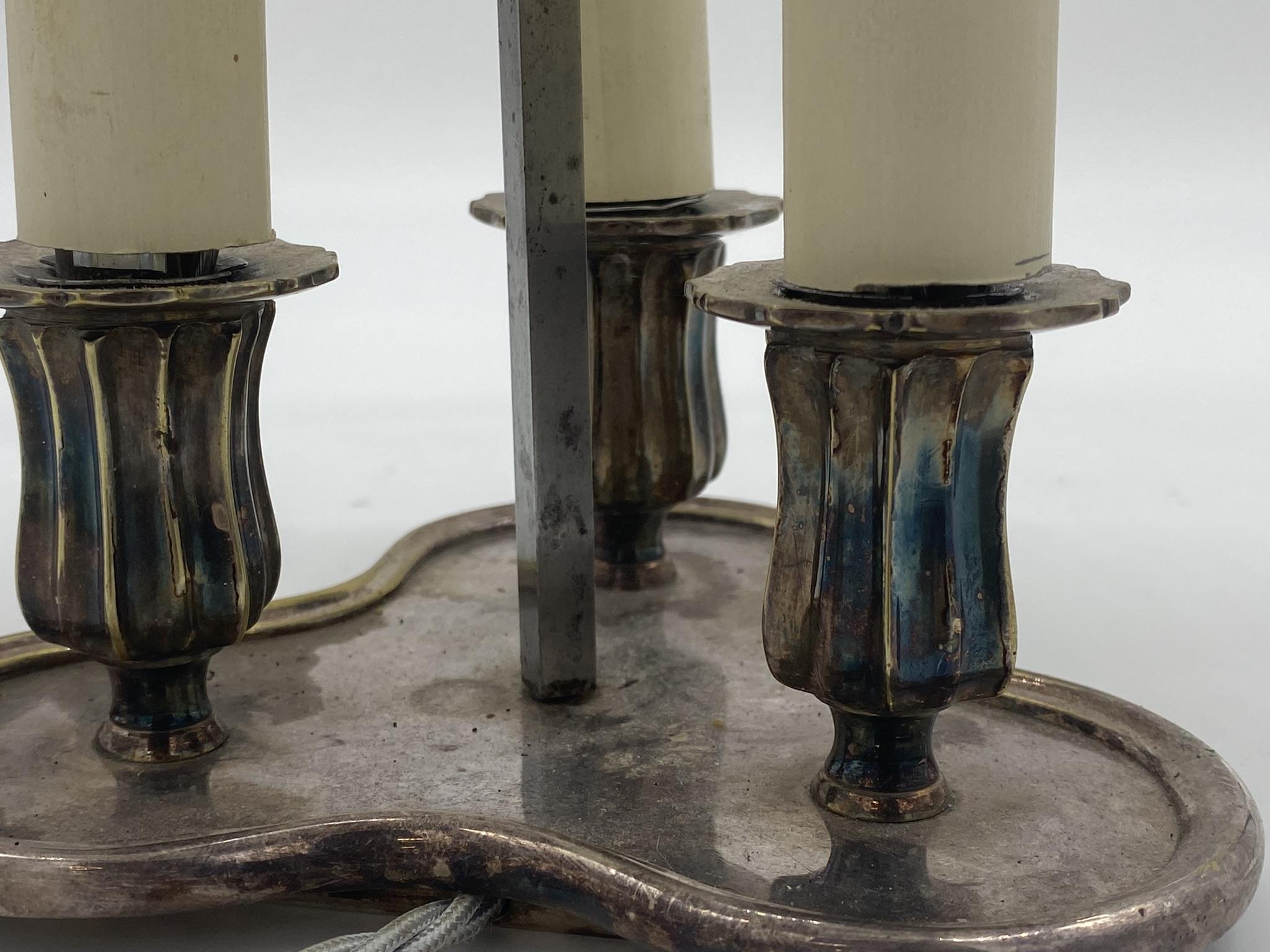 Silver plated three branch desk or table lamp, fluted sconces, adjustable toleware shade, 38cm high - Image 2 of 2