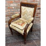 Ecclesiastical Arts & Crafts oak carver lounge chair the raised oak back carved with a monogram