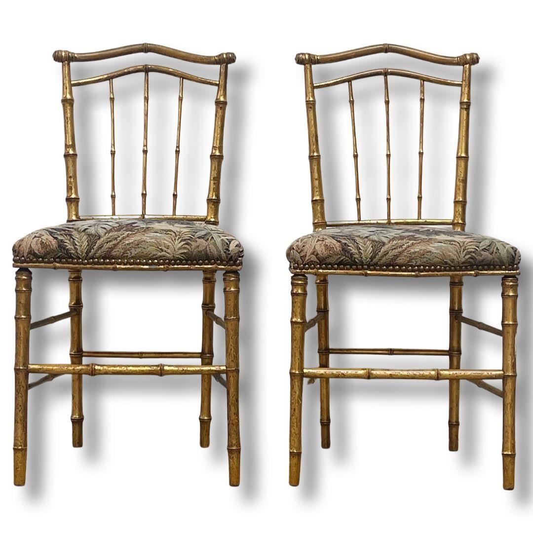 Pair of 19th century napoleon gilt wood faux bamboo side chairs with needlework upholstery in very