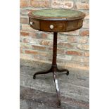 Georgian mahogany drum top wine table, the gilt tooled leather top above an arrangement of