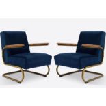 Pair of blue velvet armchairs in the manner of Thonet, metal frame and wood arms, 84cm h x 64 w x 81