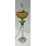 Good quality Corinthian column converted oil lamp, with amber glass reservoir, 78cm high