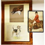 Pat Astley (20th century) - study of a fox head and a foxhound, framed, with a further print of