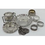 Mixed collection of silver - napkin rings, salt, mustard, bonbon dish, chain with fancy clasp, etc