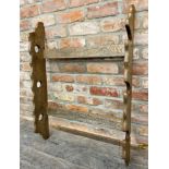 Vintage oak three tier hanging gun rack, 96cm high x 69cm wide