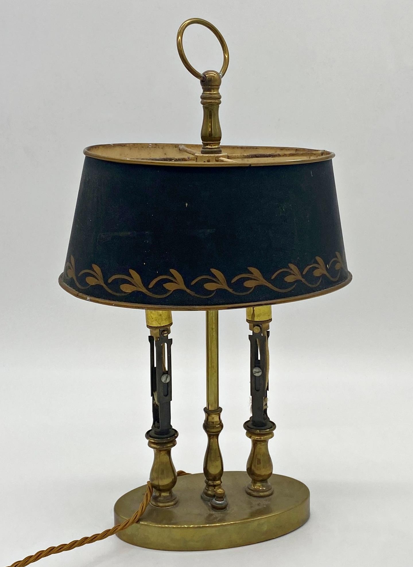 Brass twin desk or table lamp with oval toleware shade, 38cm high
