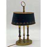 Brass twin desk or table lamp with oval toleware shade, 38cm high