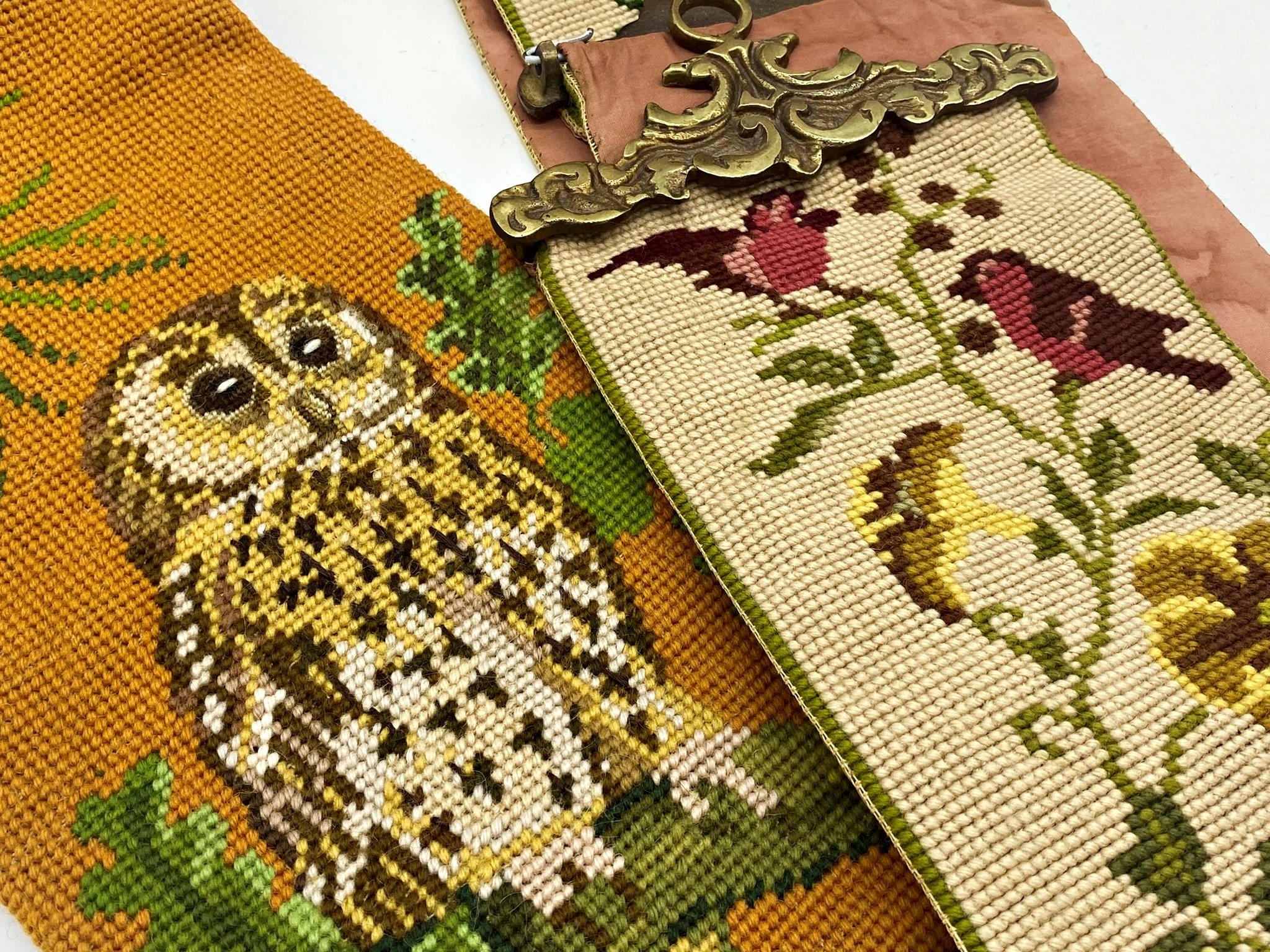 Two woolwork alter cloths, both weighted with brass, one decorated owls, 87cm long the other birds - Image 2 of 2