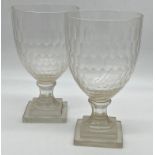 Good pair of cut glass candy jars or storm lamps with geometric honeycomb decoration upon stepped