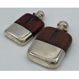 Two James Dixon and Son leather and silver plate applied glass hip flasks, screw tops, 15 & 13cm