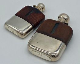 Two James Dixon and Son leather and silver plate applied glass hip flasks, screw tops, 15 & 13cm