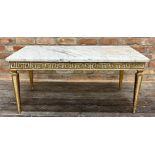 Italianate marble top coffee table, the grey veined marble top upon a wooden base carved with gilt