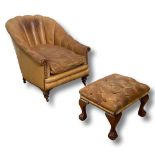 Quality large shell back leather armchair in honey tan with great patina and matching full button