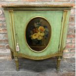 Early 20th century French green lacquered serpentine side cabinet with gilt arcaded highlights,