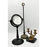 Mixed lot to include a twin branch ormolu candelabra upon a black slate base, 21cm high together