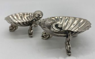 Pair of good quality Victorian cast silver scallop shell salts, with dolphin feet, maker William