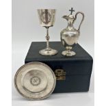 Victorian silver travelling communion set, with ewer, chalice and paten, in box (the jug not