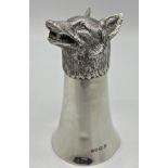 Good quality 1970s novelty silver 'snarling fox mask' stirrup cup, with textured fur, maker