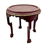 Quality French red lacquered chinoiserie wine table, with gilt overlay, 44cm high x 47cm diameter