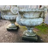 Pair of reconstituted stone campagna urns, with original paint, 61cm high x 72cm wide