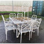 Good cast aluminium Chippendale style garden table and eight carver chairs, the table 114 x 114cm