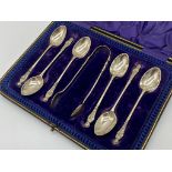Edwardian cased suite of six silver Apostle spoons with sugar tongs, maker JR, Sheffield 1904, 3.5oz