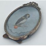 Good miniature study of a grey parrot made with feathers on a hand painted branch, within a silver