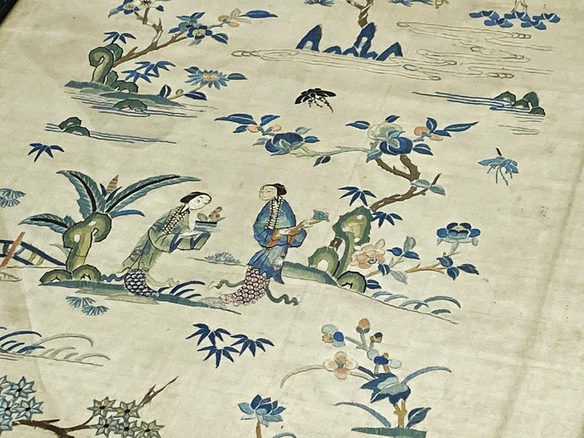 Antique Chinese silkwork picture with female attendants in a garden setting, 40 x 34cm Chinoiserie - Image 2 of 2