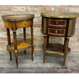 Two French mahogany and burr walnut night stands, each with raised pierced gallery rail fitted
