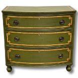 Regency style green painted chest of drawers with bamboo tracery on a green ground, 93cm wide x 53