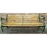 A good quality cast iron sprung bench with newly fitted teak slats, 182cm long