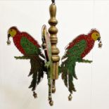 Mid century scratch built French novelty ceiling light, with three opposing parrots, 106cm high x 64