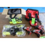 (5) Battery Operated Drills/Drivers, Like New, with Carry Bags: (3) Milwaukee 12V, (2) Ryobi 18V