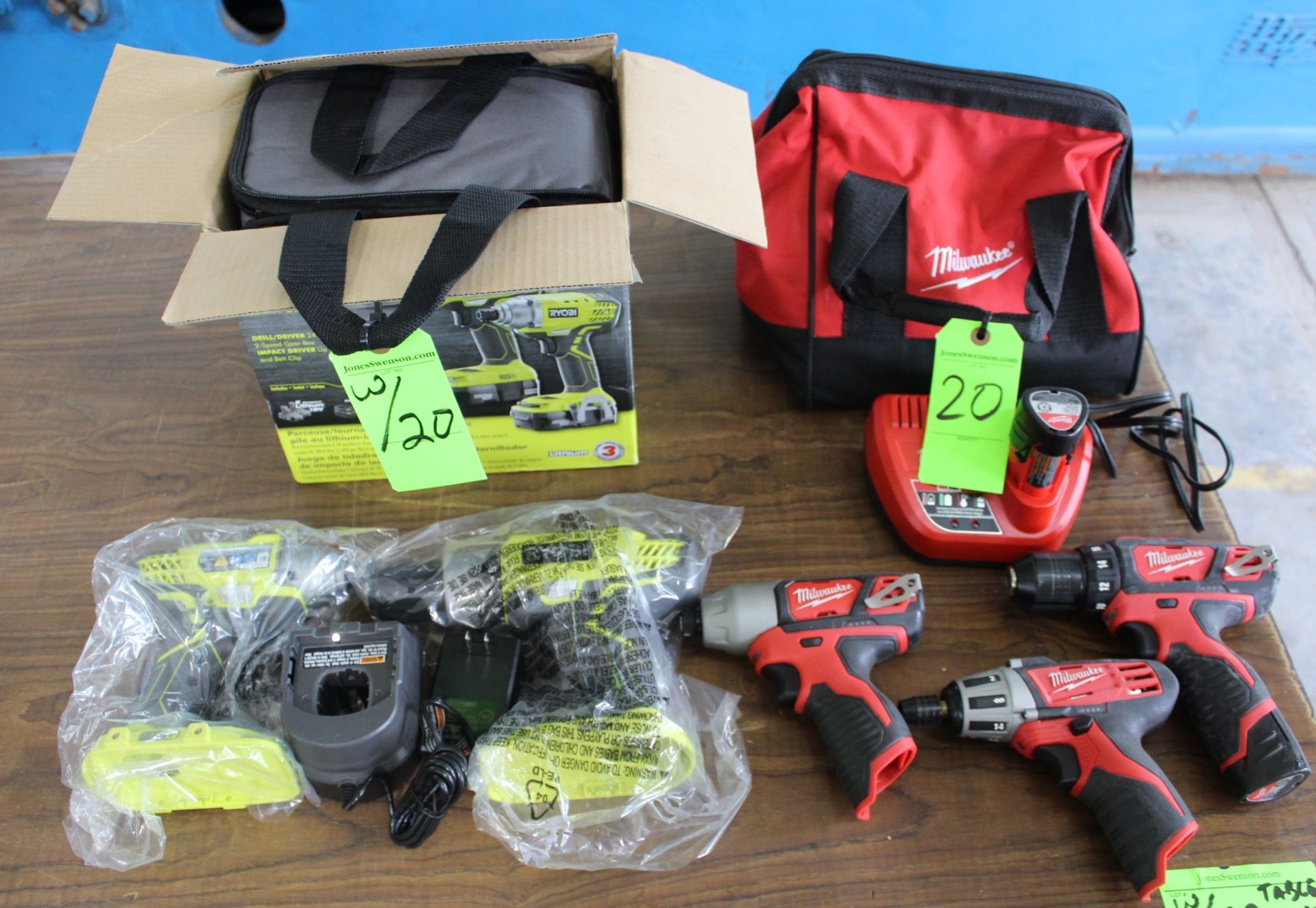 (5) Battery Operated Drills/Drivers, Like New, with Carry Bags: (3) Milwaukee 12V, (2) Ryobi 18V
